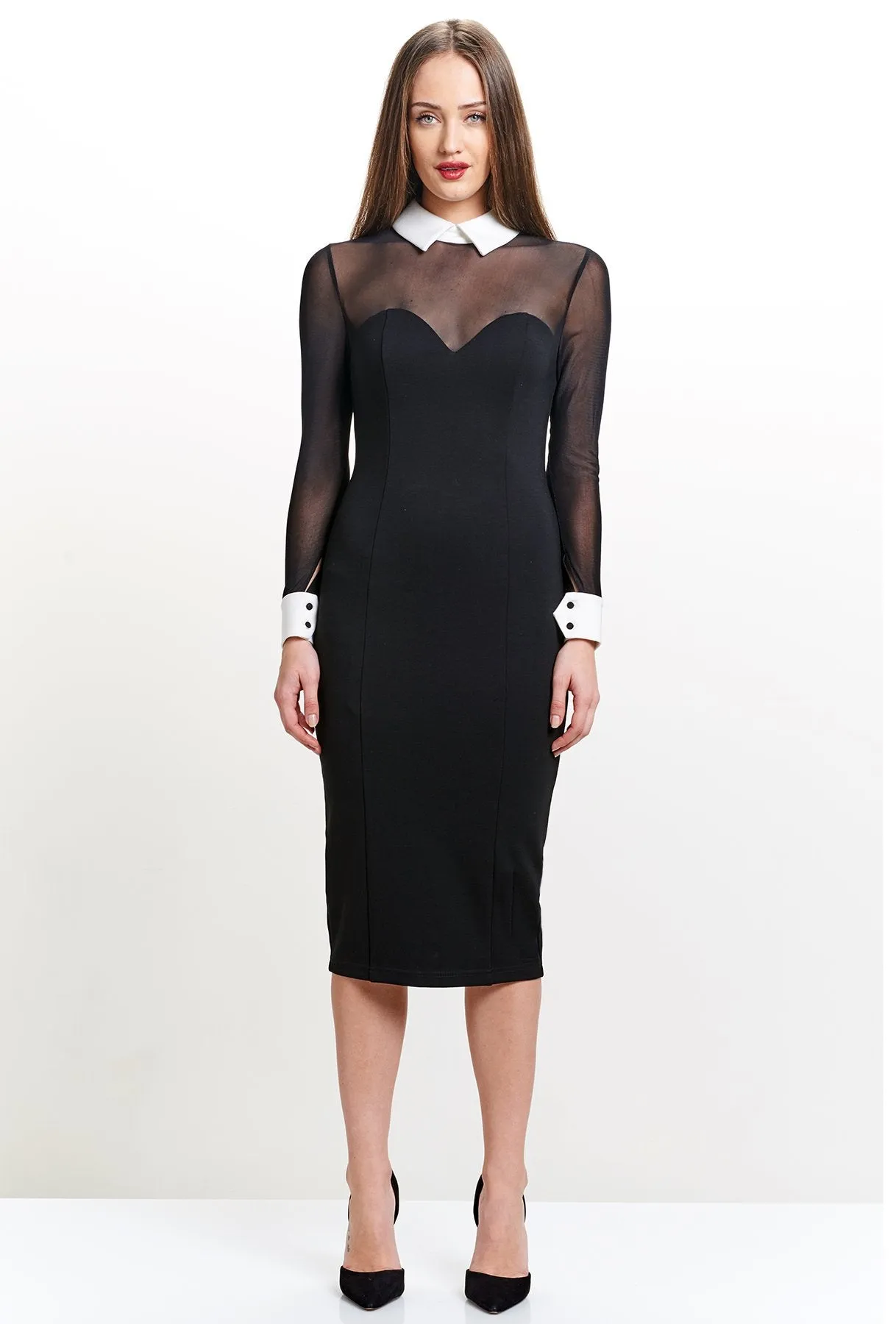 Elegant Tuxedo-Inspired Midi Dress with Mesh Sleeves