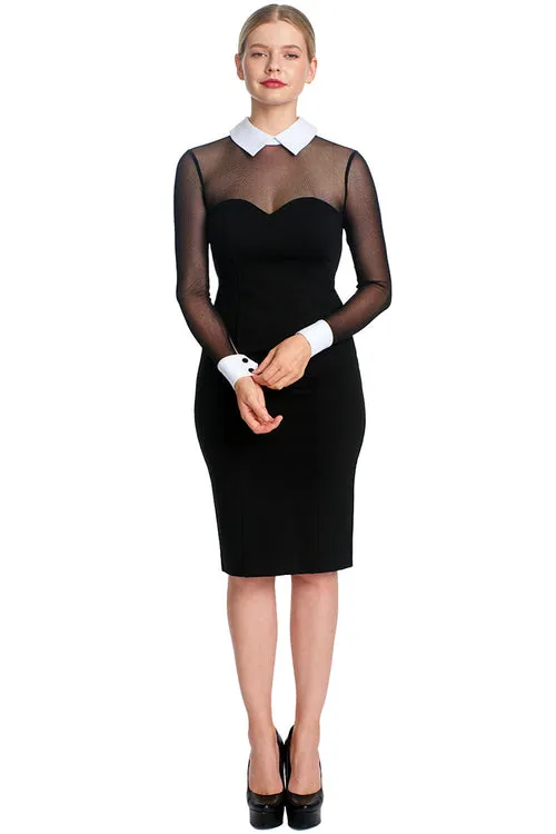 Elegant Tuxedo-Inspired Midi Dress with Mesh Sleeves