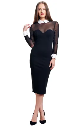 Elegant Tuxedo-Inspired Midi Dress with Mesh Sleeves