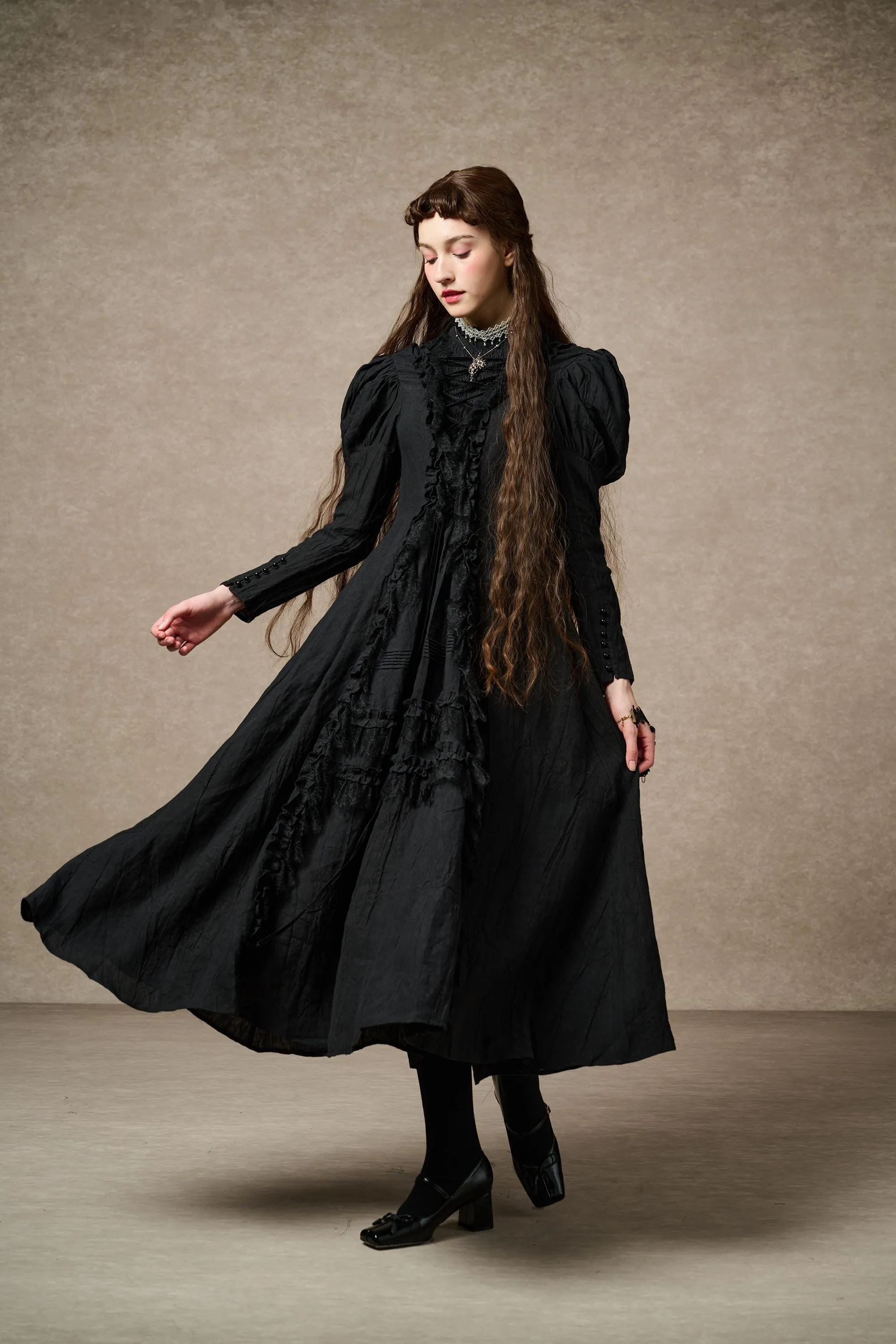 Elizabeth 15 | Black Victorian Linen Dress