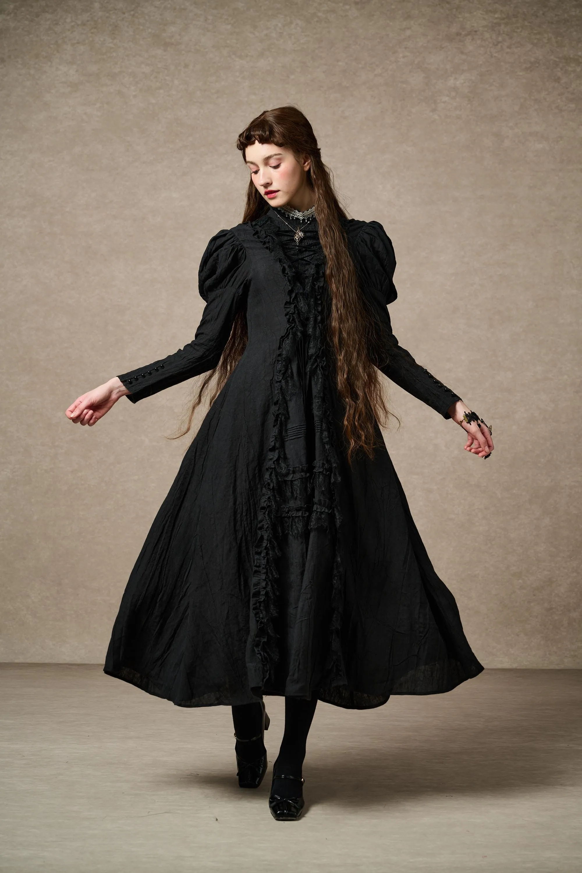 Elizabeth 15 | Black Victorian Linen Dress