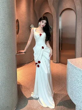 Engagement dress celebrity banquet white satin suspender dress       S5774