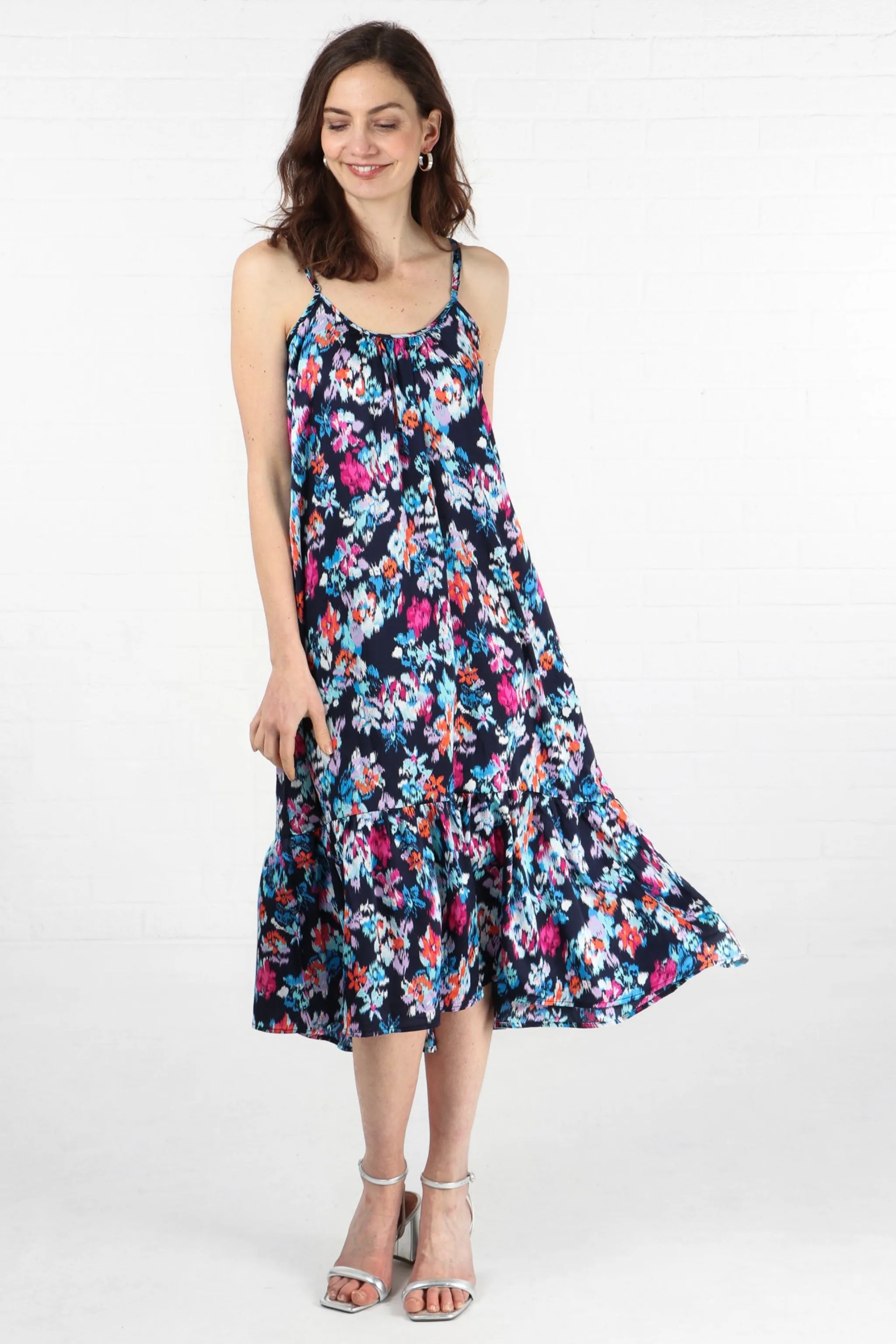 Erica Slip Dress- Navy Blue, Watercolour Floral