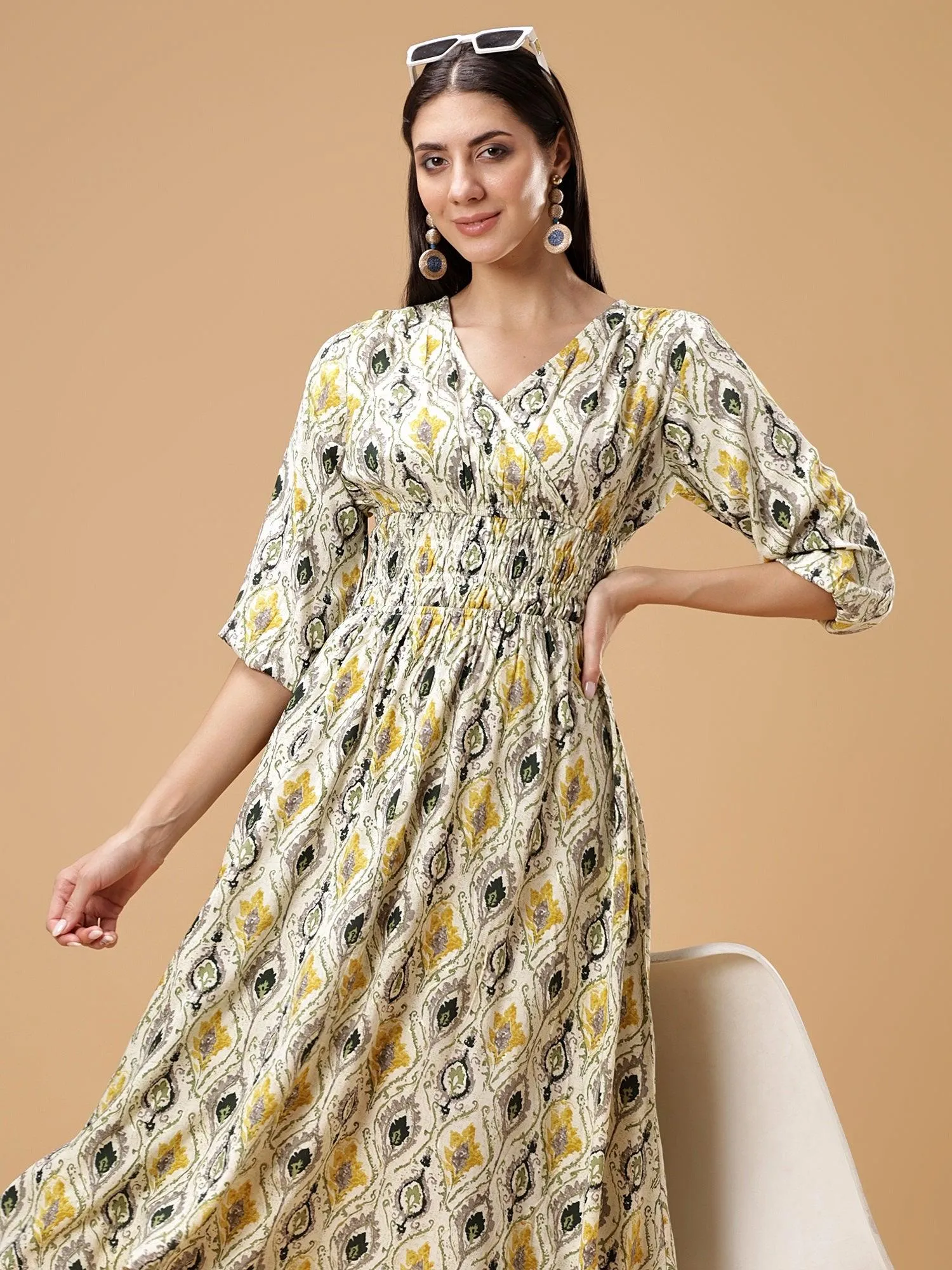 Ethnic Motifs Print Puff Sleeves Smocked Liva Fit & Flare Midi Dress