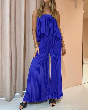 Exclusive Blue Pleated Strapless Wide Leg Jumpsuit