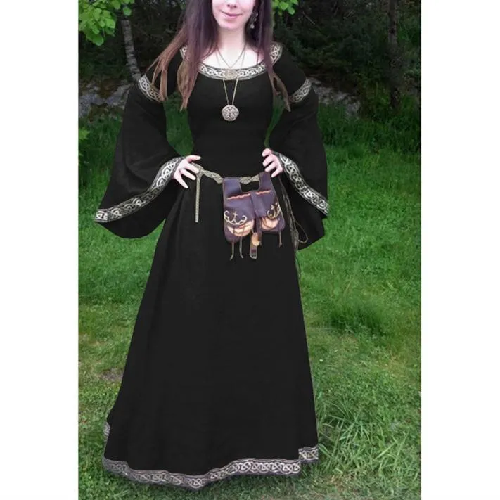 Female's Retro European Medieval Renaissance Trumpet Sleeves Large Swing Long Flare Dress