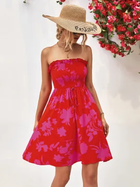 Floral Frill Trim Strapless Smocked Dress