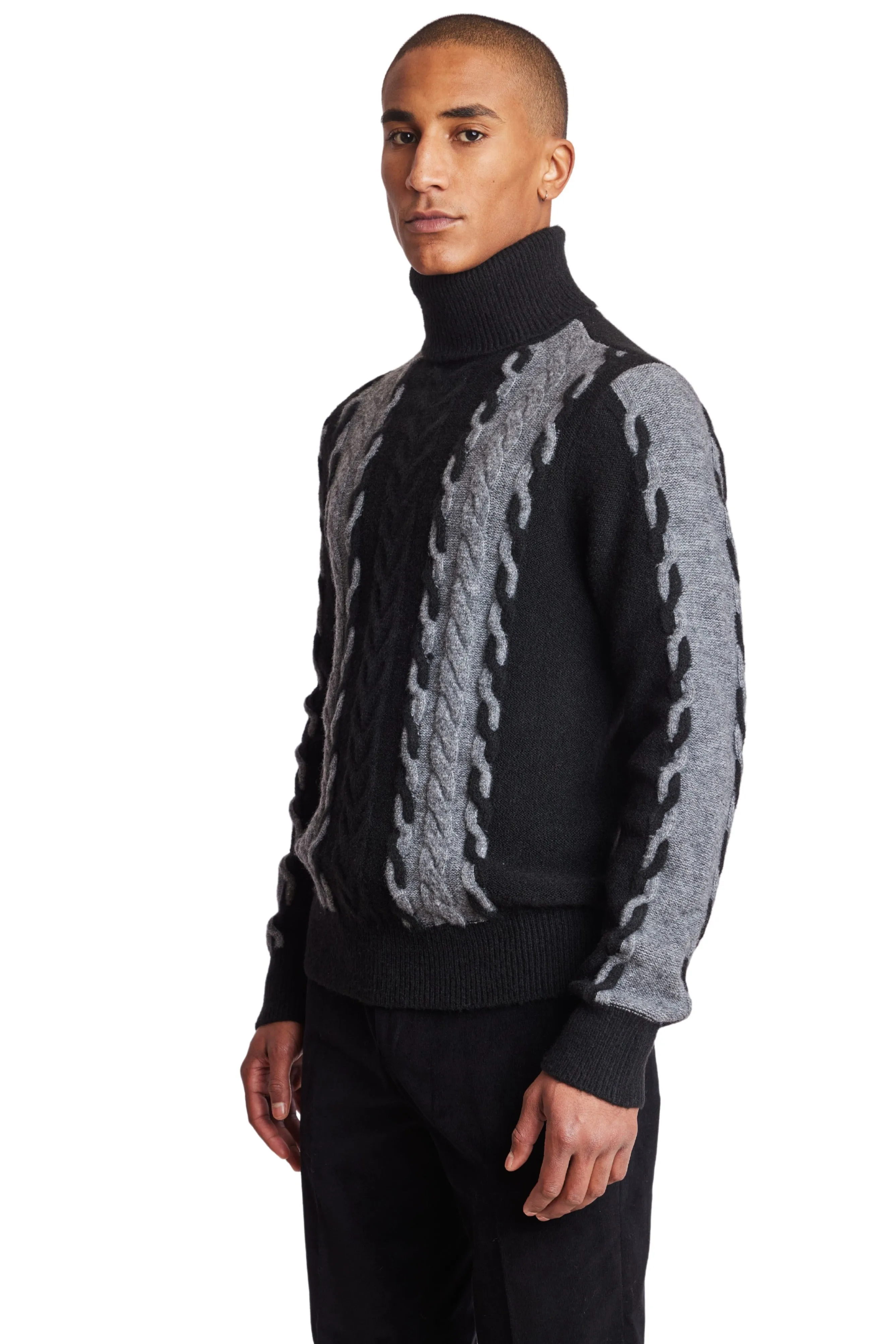 Fuzzy 2 Tone Cable Turtleneck - Onyx Grey