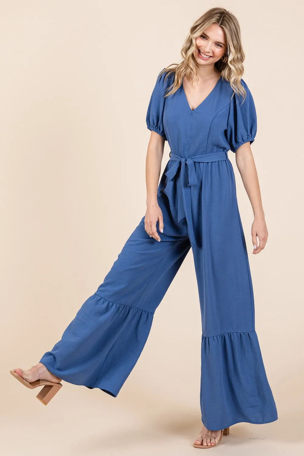 GeeGee Full Size V-Neck Belted Wide Leg Jumpsuit