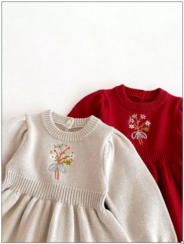 Girls Flower Bouquet Embroidery A-Line Knit Dress