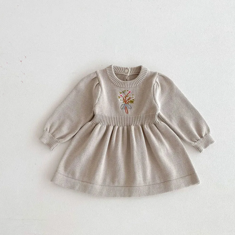 Girls Flower Bouquet Embroidery A-Line Knit Dress