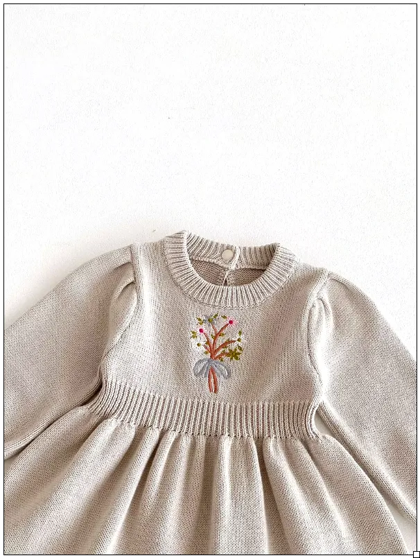 Girls Flower Bouquet Embroidery A-Line Knit Dress