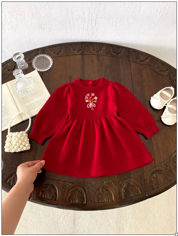 Girls Flower Bouquet Embroidery A-Line Knit Dress