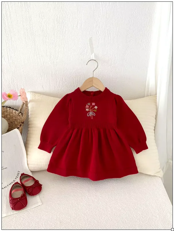 Girls Flower Bouquet Embroidery A-Line Knit Dress