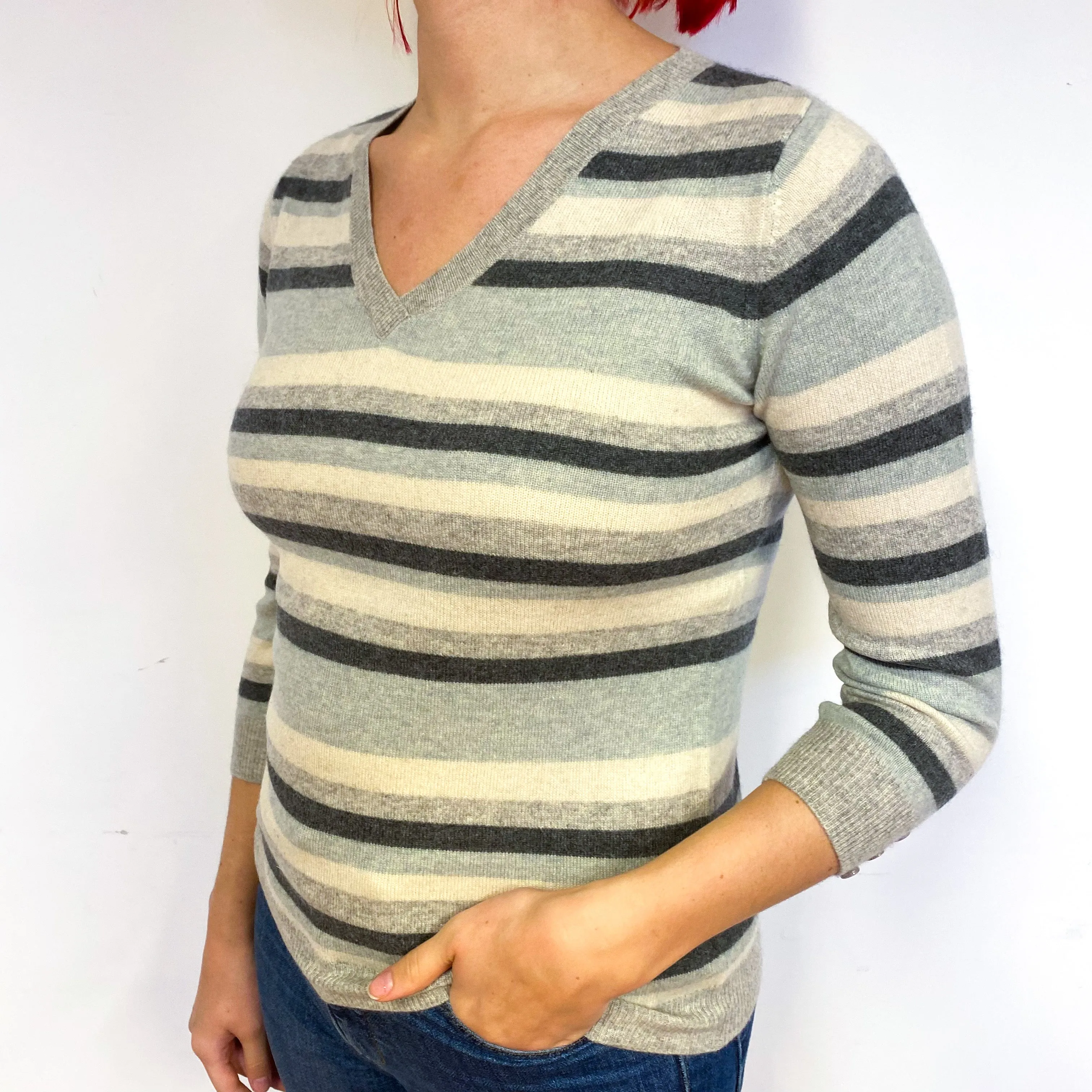 Grey Stripe 3/4 Sleeve Cashmere V-Neck Jumper Small