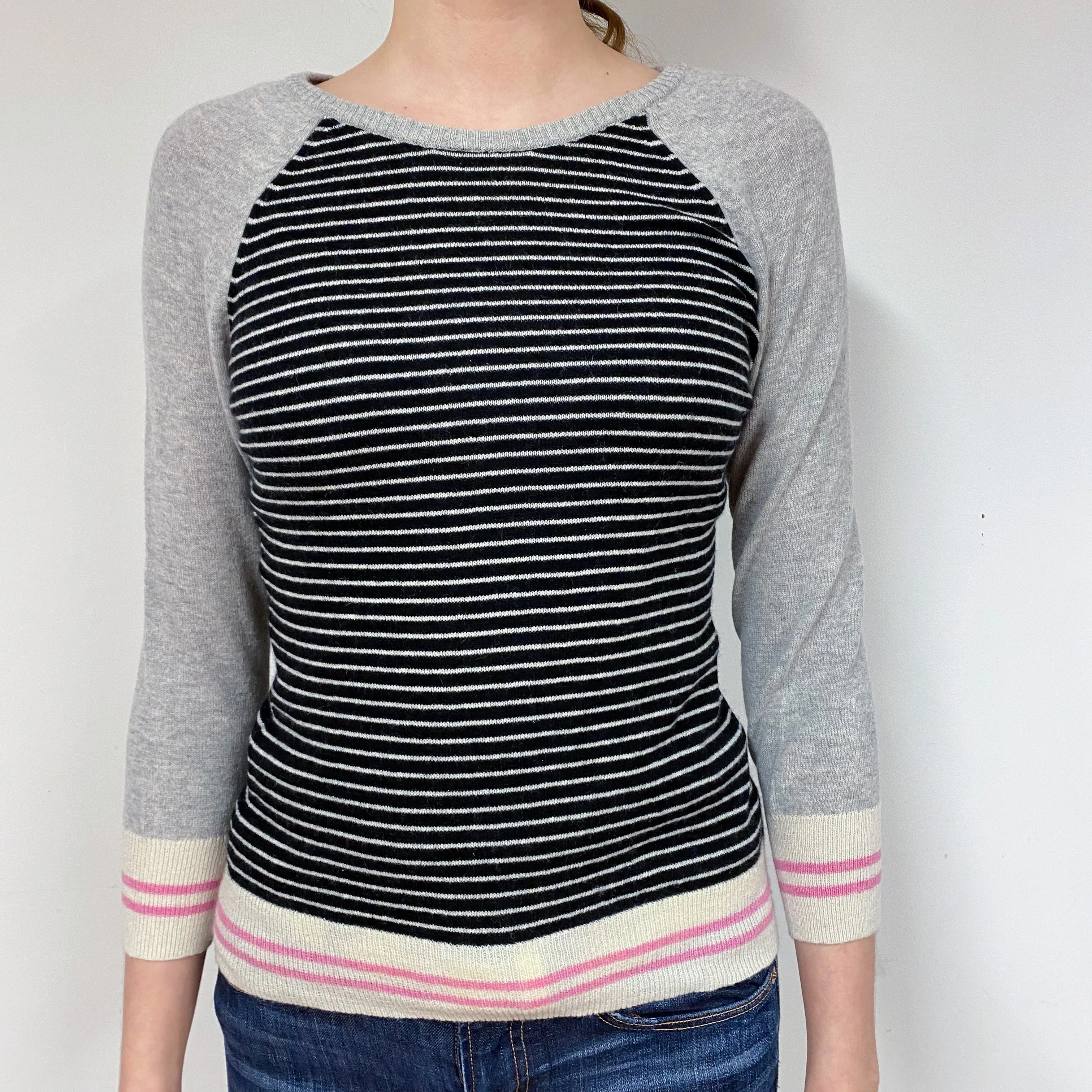 Grey Striped Cashmere Crew Neck Extra Small