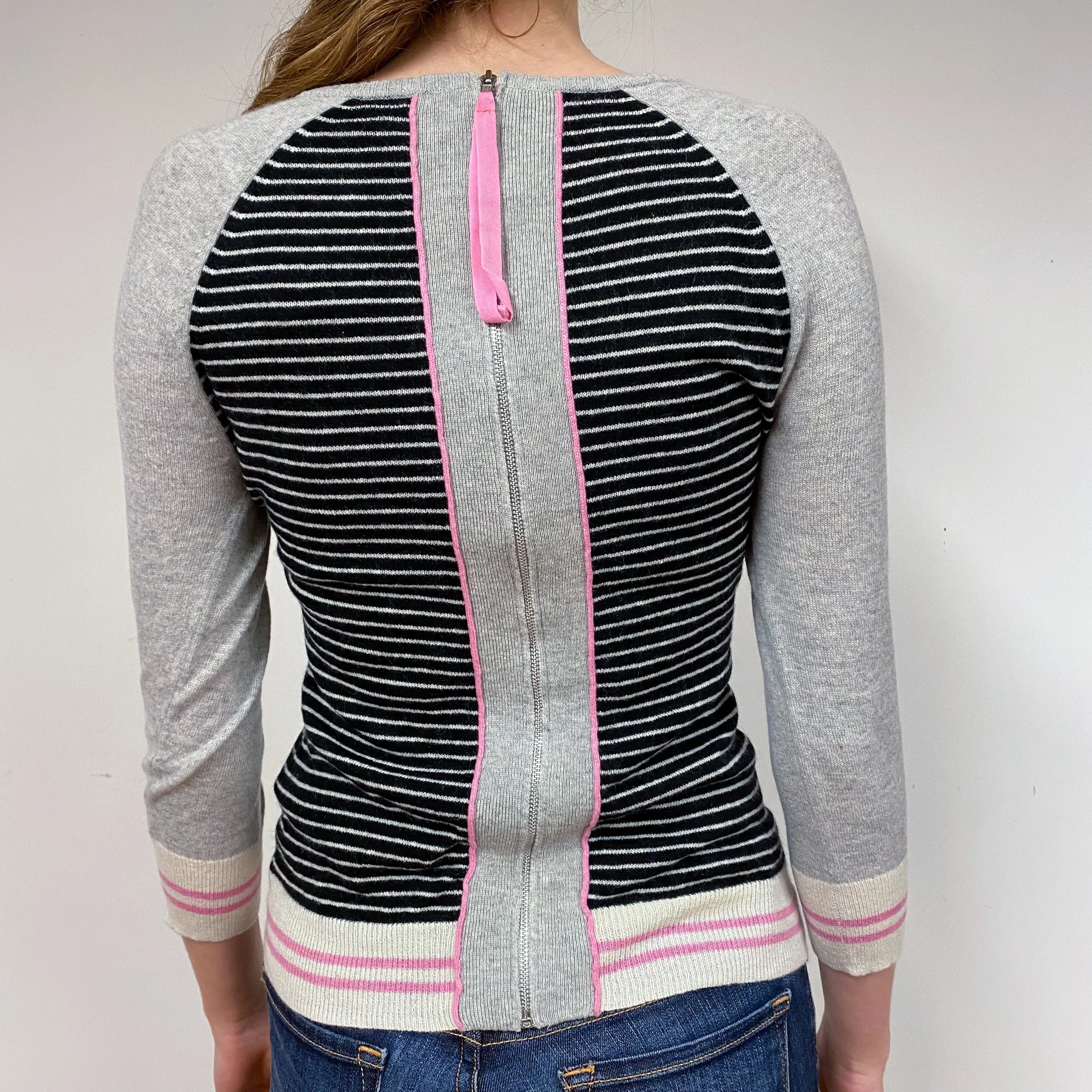 Grey Striped Cashmere Crew Neck Extra Small