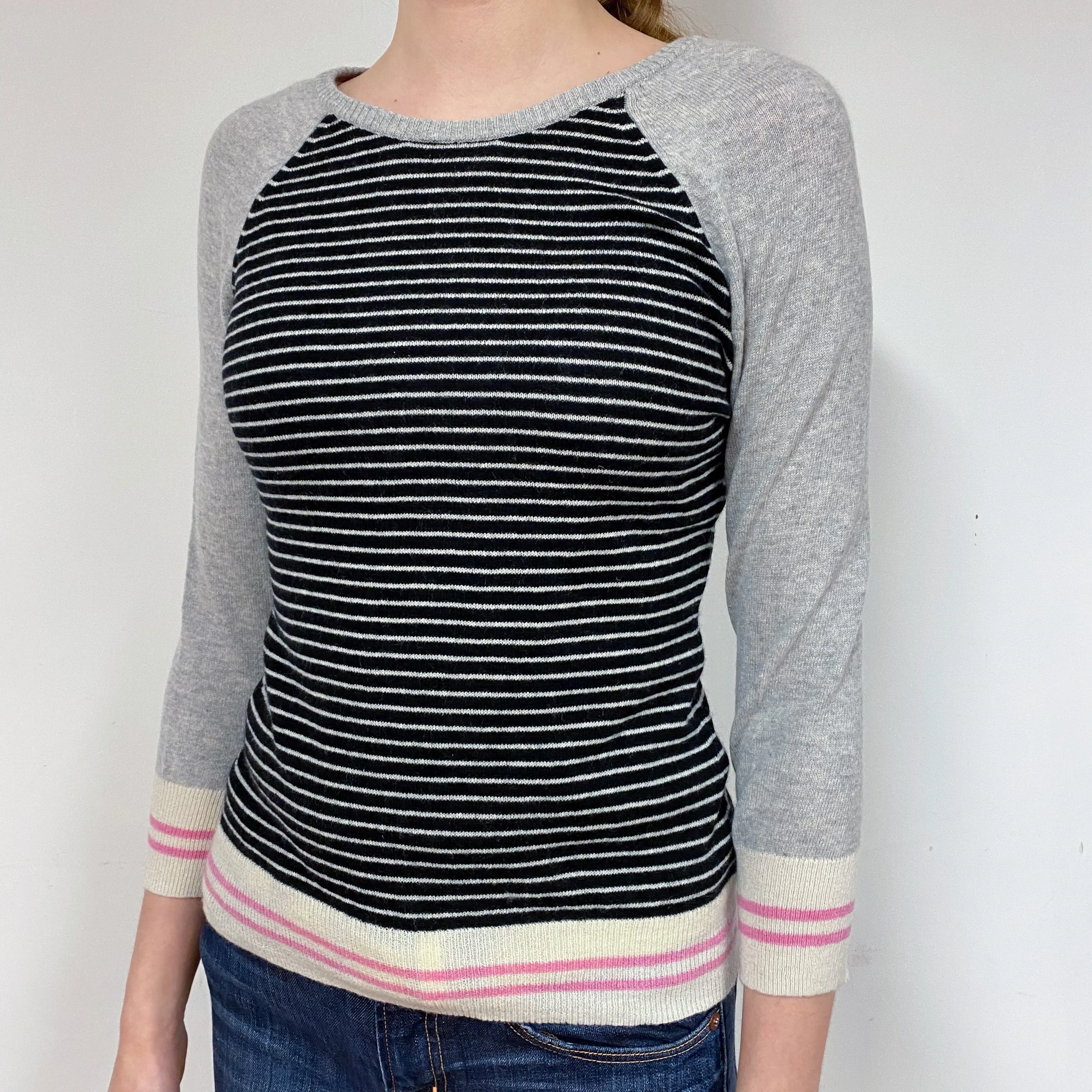 Grey Striped Cashmere Crew Neck Extra Small