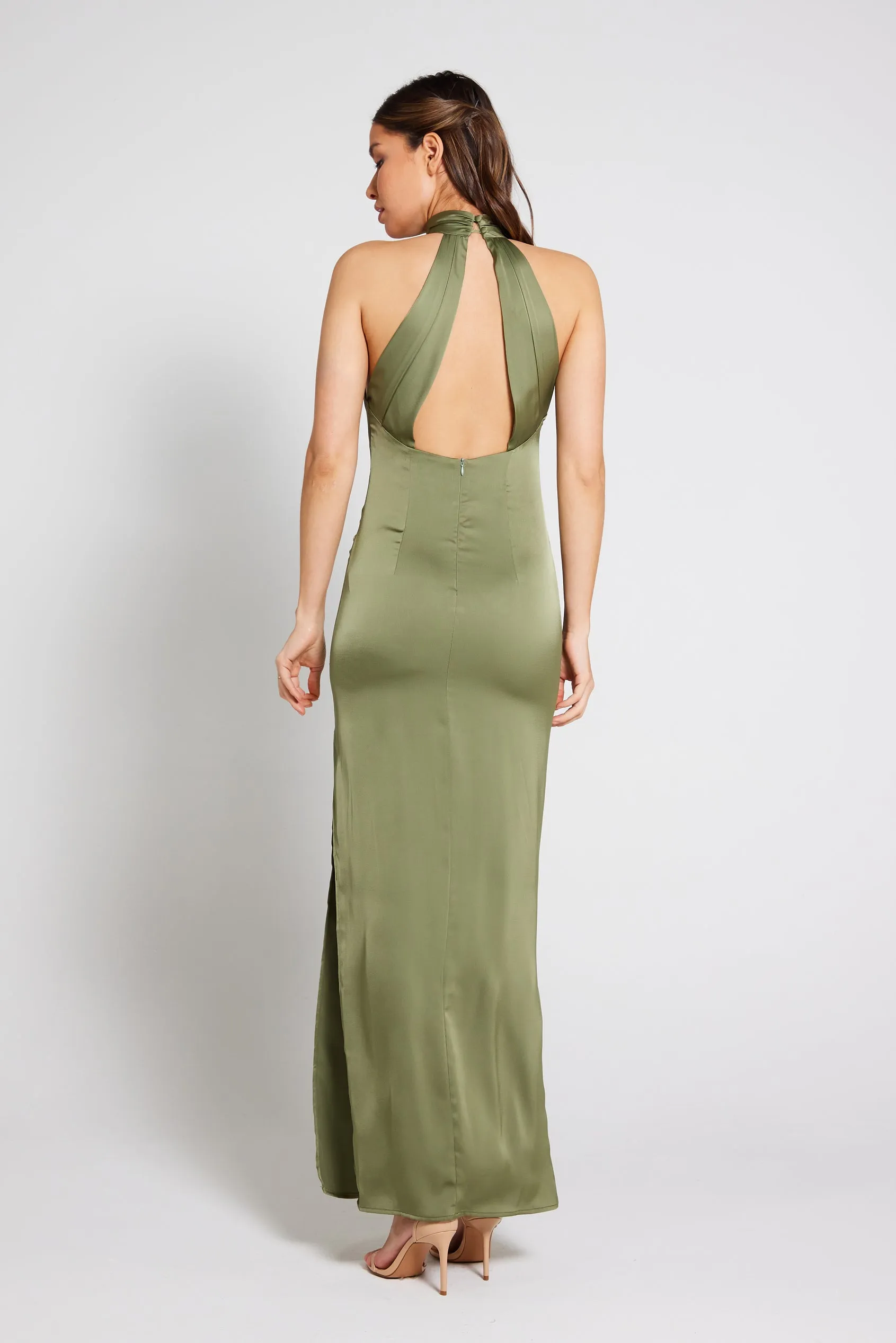 Harley Halter Neck Satin Maxi Dress - Olive