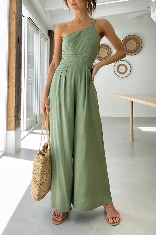 JA982 One ShoulderOff Wide Leg Jumpsuit