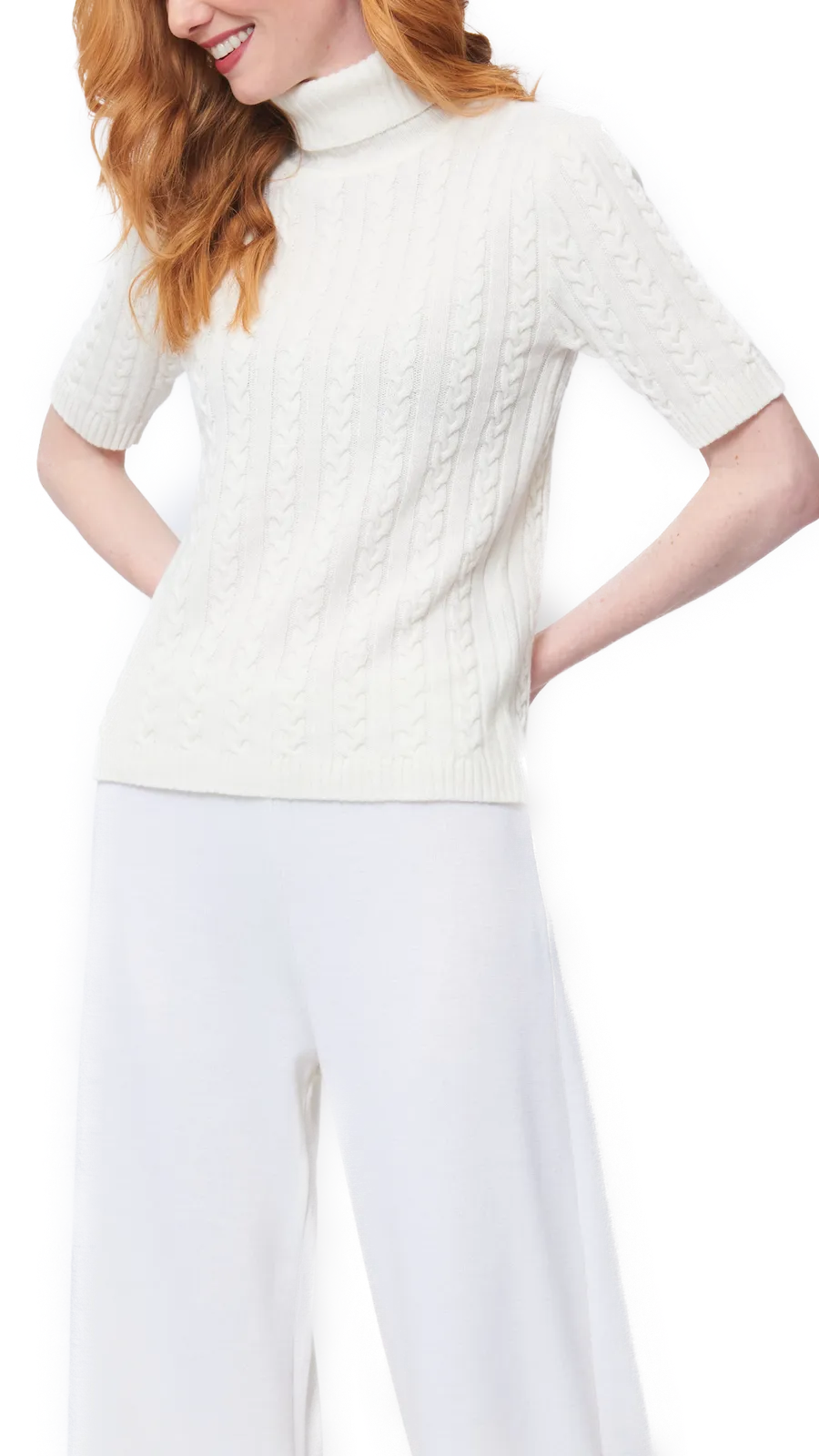 Lea Short Sleeved Cable-Knit Turtleneck, Winter White