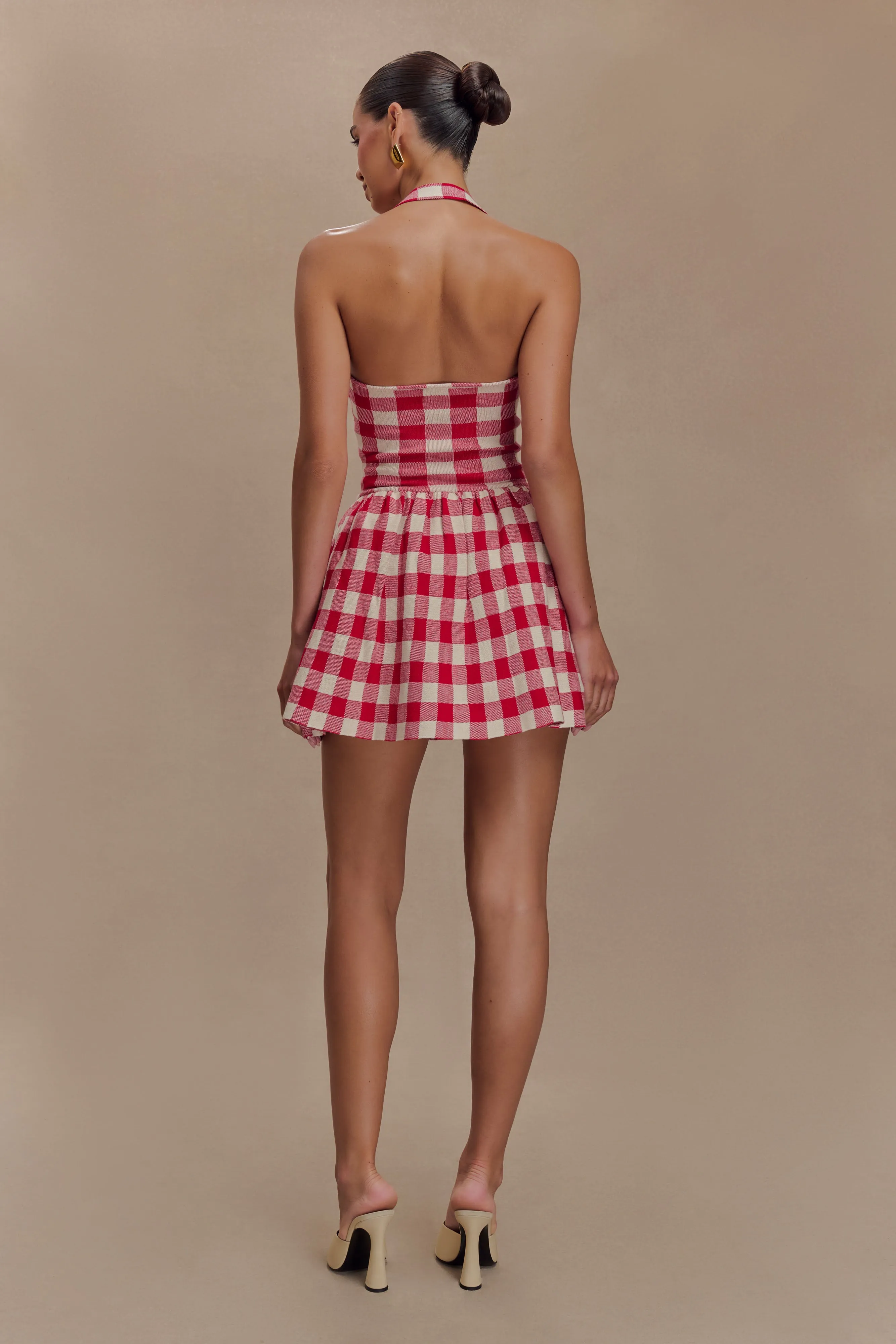 Lindsay Halter Knit Mini Dress - Red Gingham