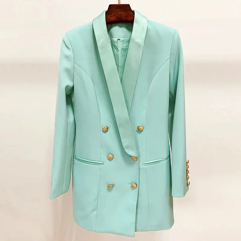 Lion Embellished Double Breasted Blazer Dress with Satin Collar