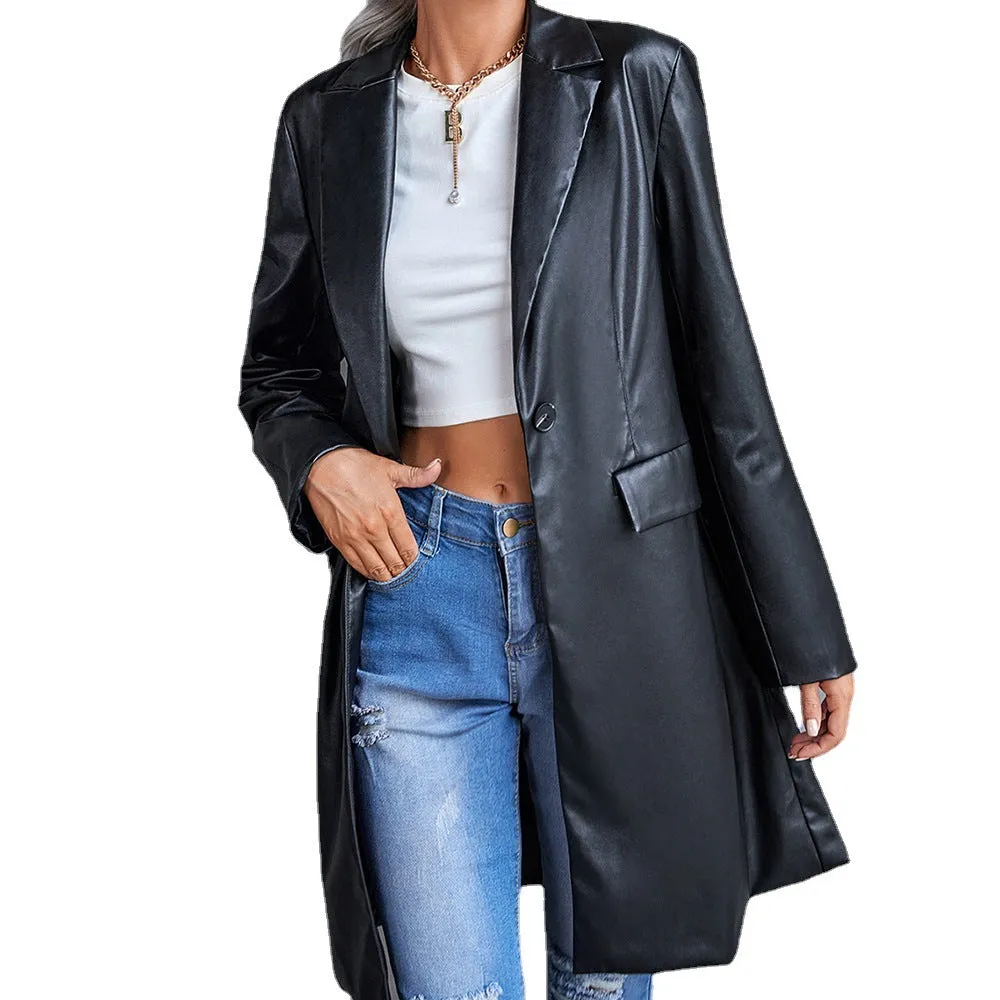 Long PU Blazer Coat For Wholesale Women Clothing