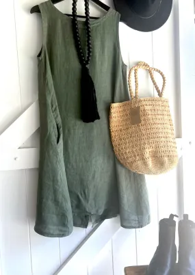 Luxamore Sisa Button Back Linen Pocket Dress Olive