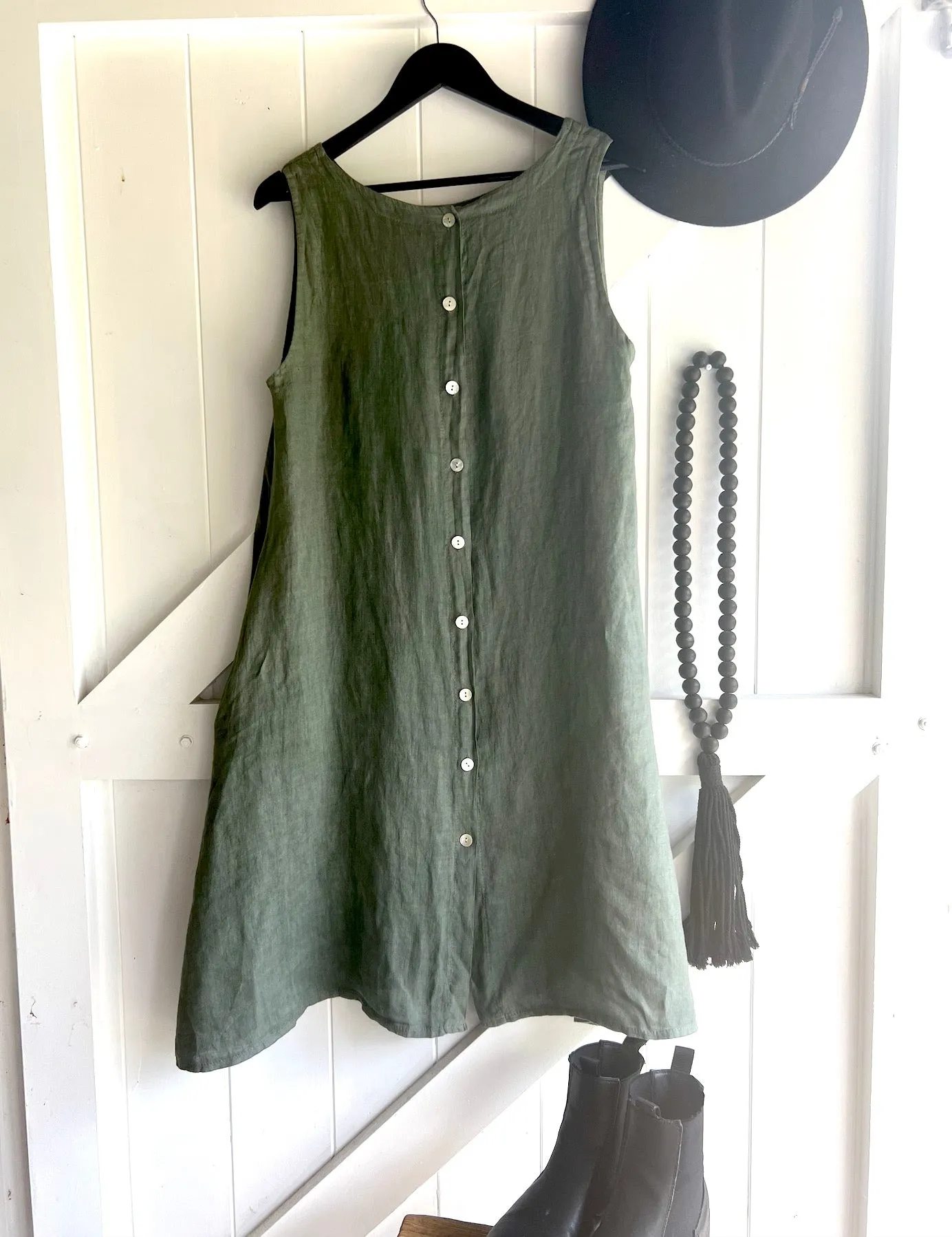 Luxamore Sisa Button Back Linen Pocket Dress Olive