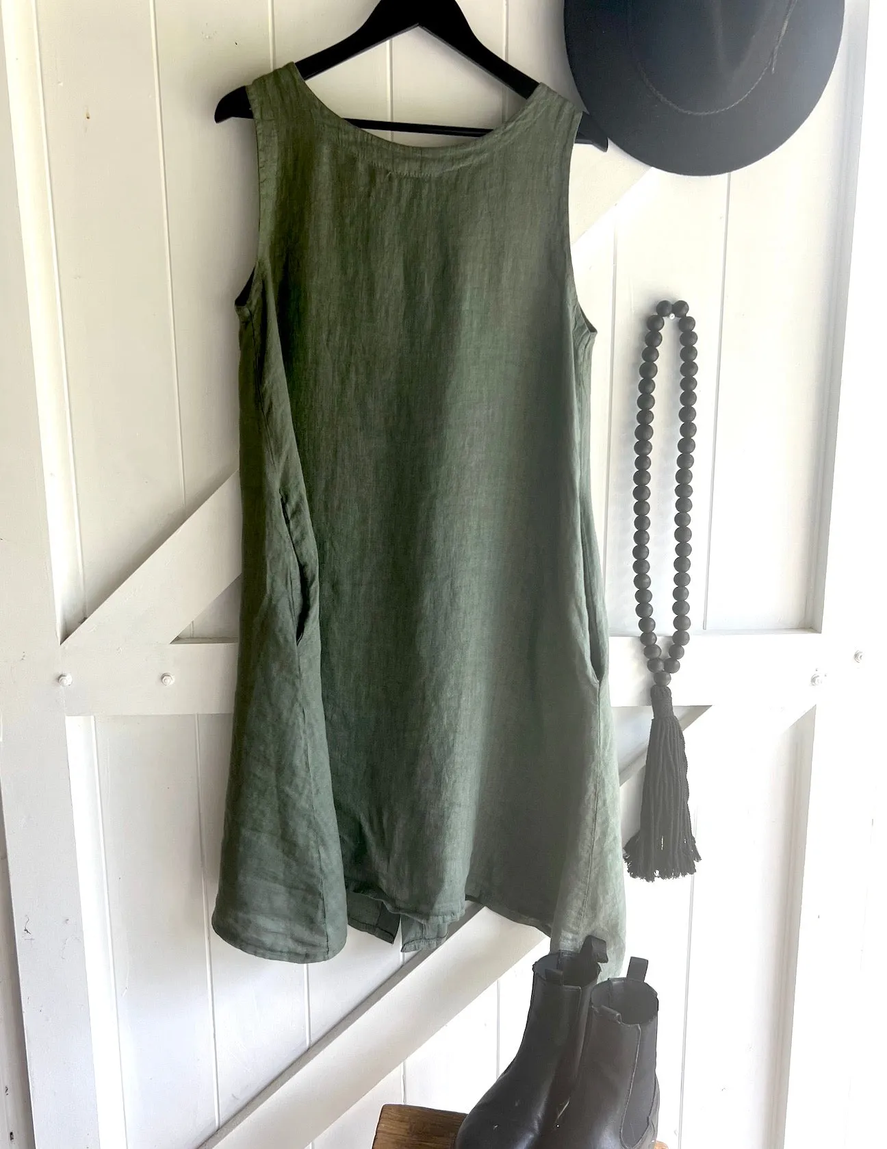 Luxamore Sisa Button Back Linen Pocket Dress Olive