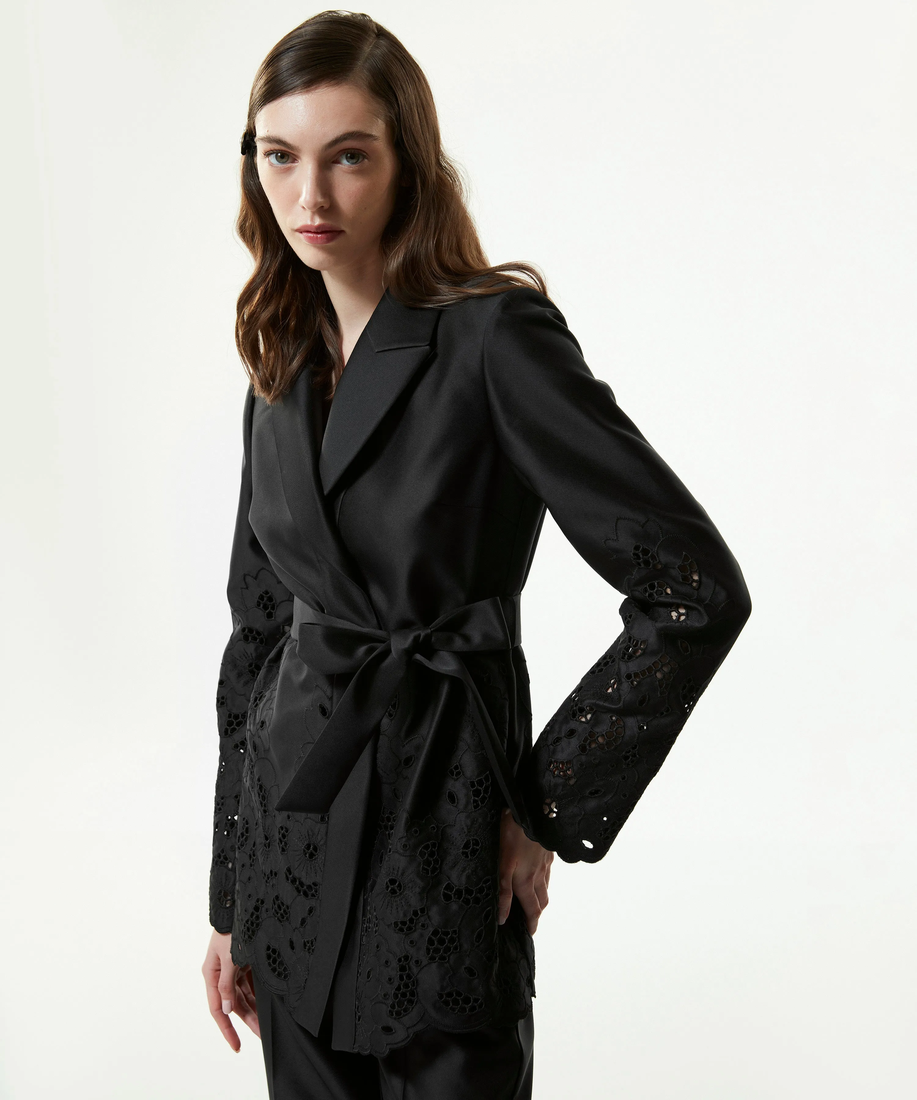 Machka Embroidered Satin Duchess Jacket Blazer Black