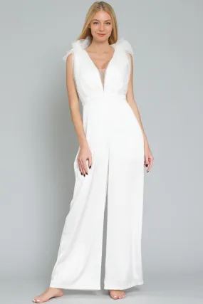 Magdalina Tulle Wide Leg Jumpsuit Onesie - White