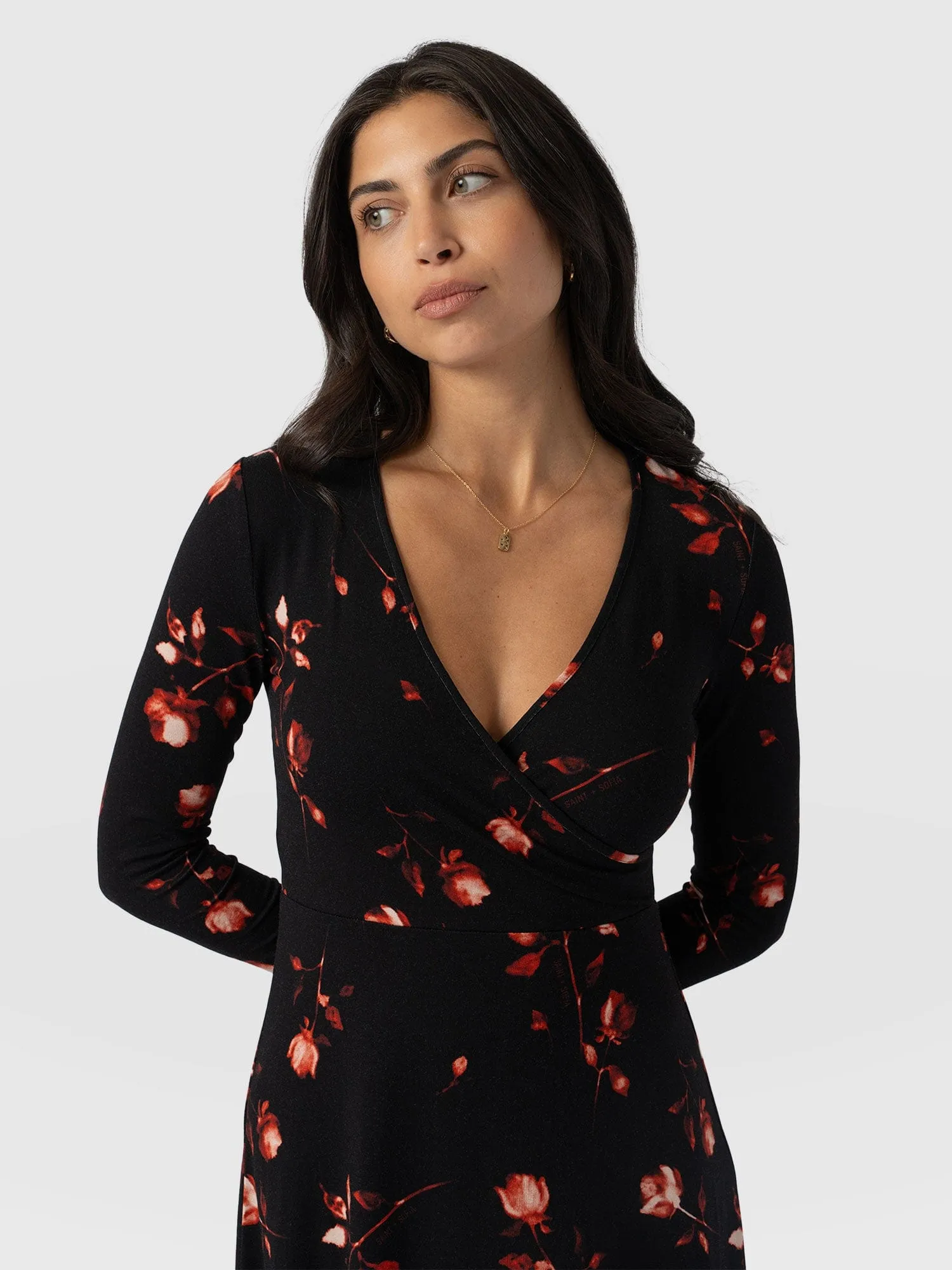 Maggie Wrap Midi Dress - Dark Roses