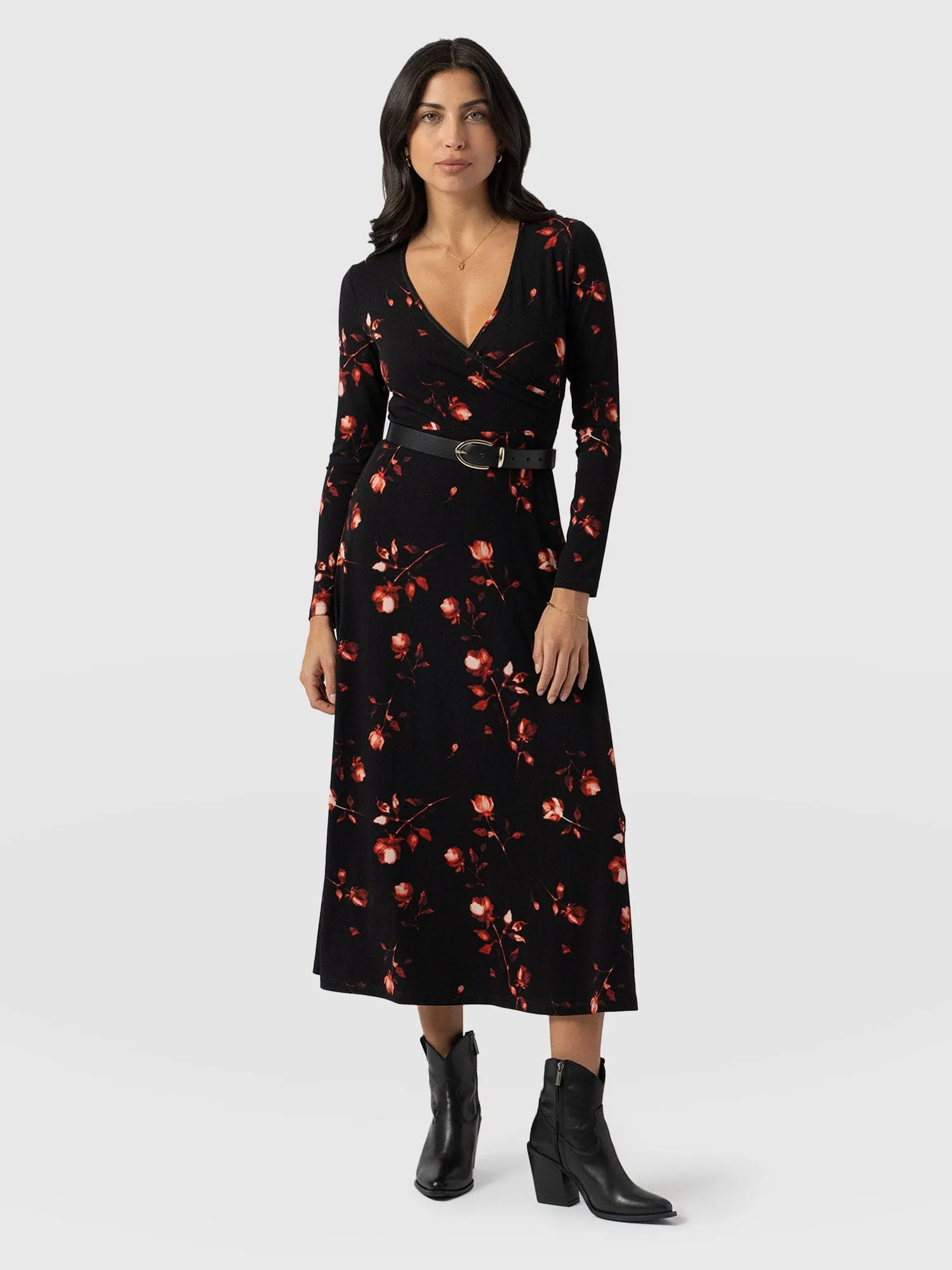 Maggie Wrap Midi Dress - Dark Roses