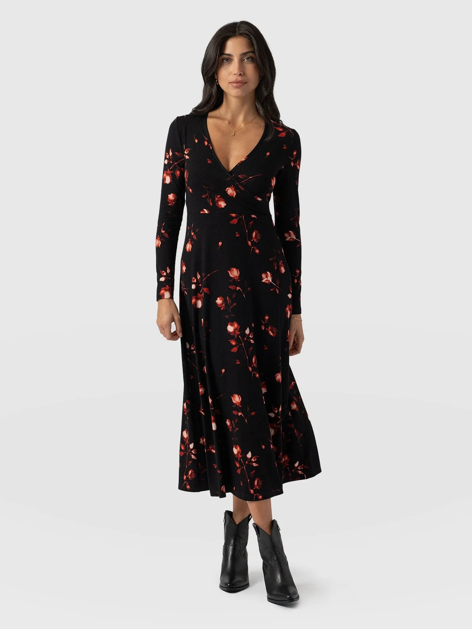 Maggie Wrap Midi Dress - Dark Roses