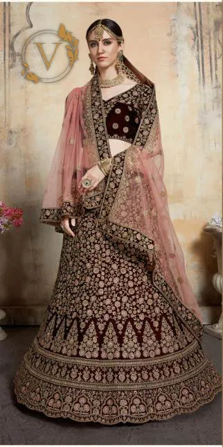 Maroon 2 Embroidered Velvet Lehenga with Dupatta