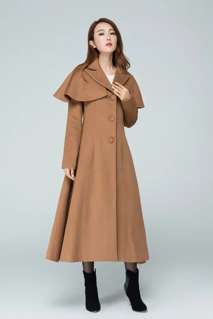 Maxi Wool Coat With Capelet For Women 1599#