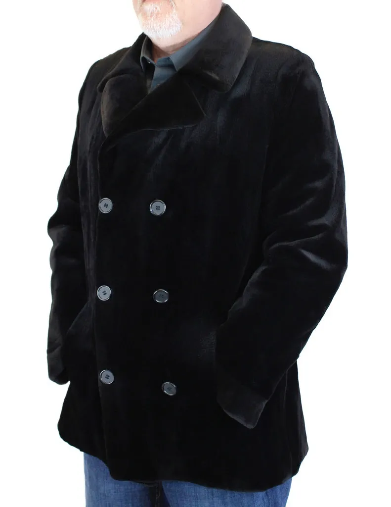 MEN'S BLACK SHEARED MINK FUR FITTED DOUBLE-BREASTED JACKET, PEACOAT