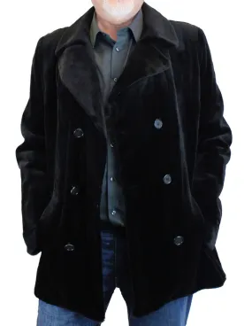 MEN'S BLACK SHEARED MINK FUR FITTED DOUBLE-BREASTED JACKET, PEACOAT