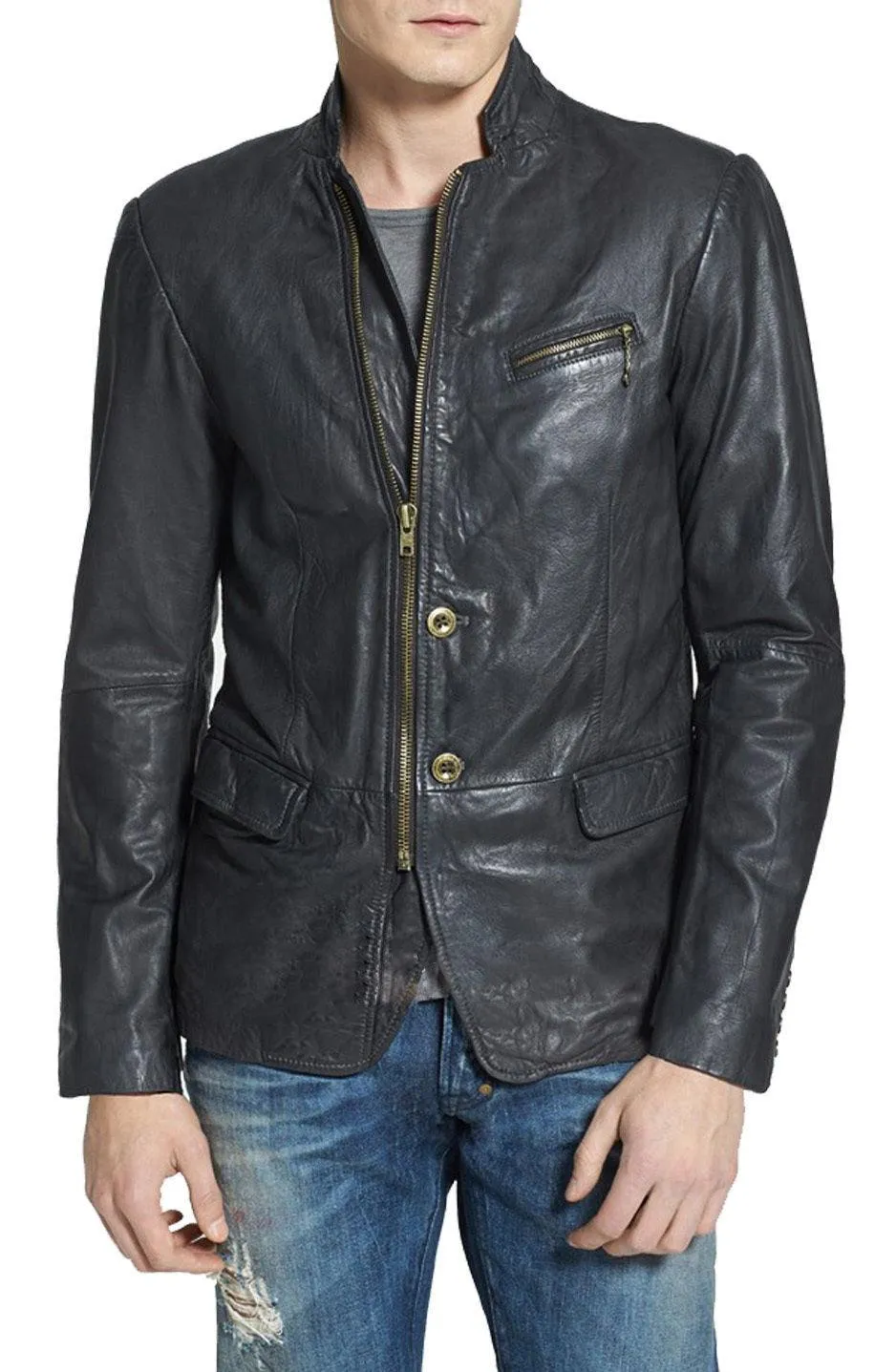 Men's Metallic Zipper Closure Black Leather Blazer TB020