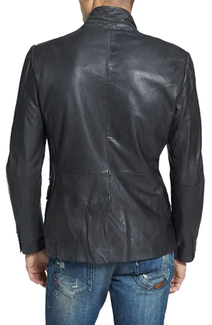 Men's Metallic Zipper Closure Black Leather Blazer TB020