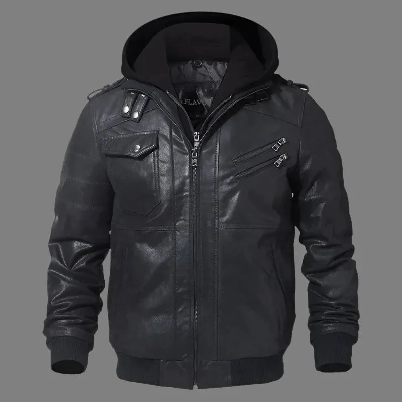 Men's Real Leather Jacket  Removable Hood  Warm Genuine Leather Jackets