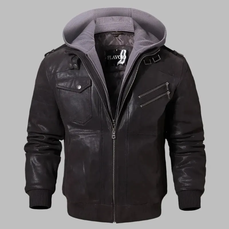 Men's Real Leather Jacket  Removable Hood  Warm Genuine Leather Jackets