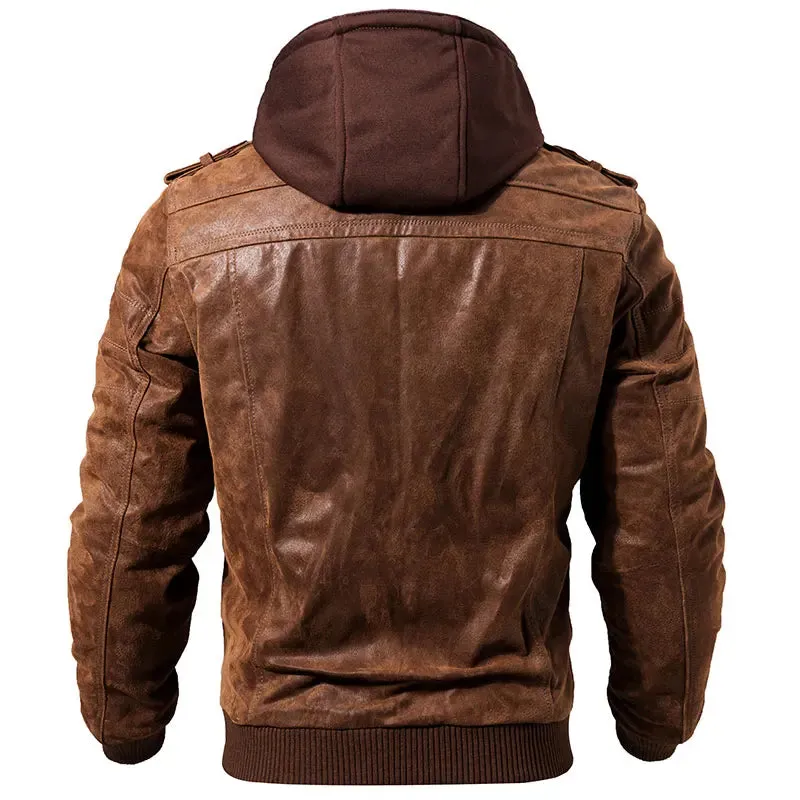 Men's Real Leather Jacket  Removable Hood  Warm Genuine Leather Jackets