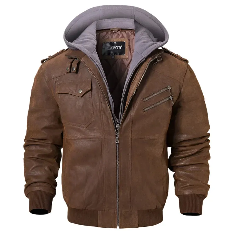 Men's Real Leather Jacket  Removable Hood  Warm Genuine Leather Jackets