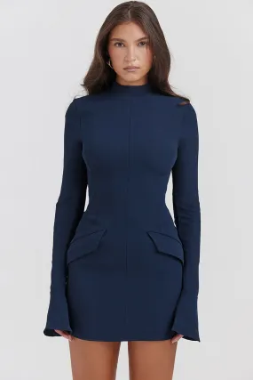 OL Mock Neck Bell Sleeve Flap Pocket Bodycon Party Mini Dress - Navy Blue