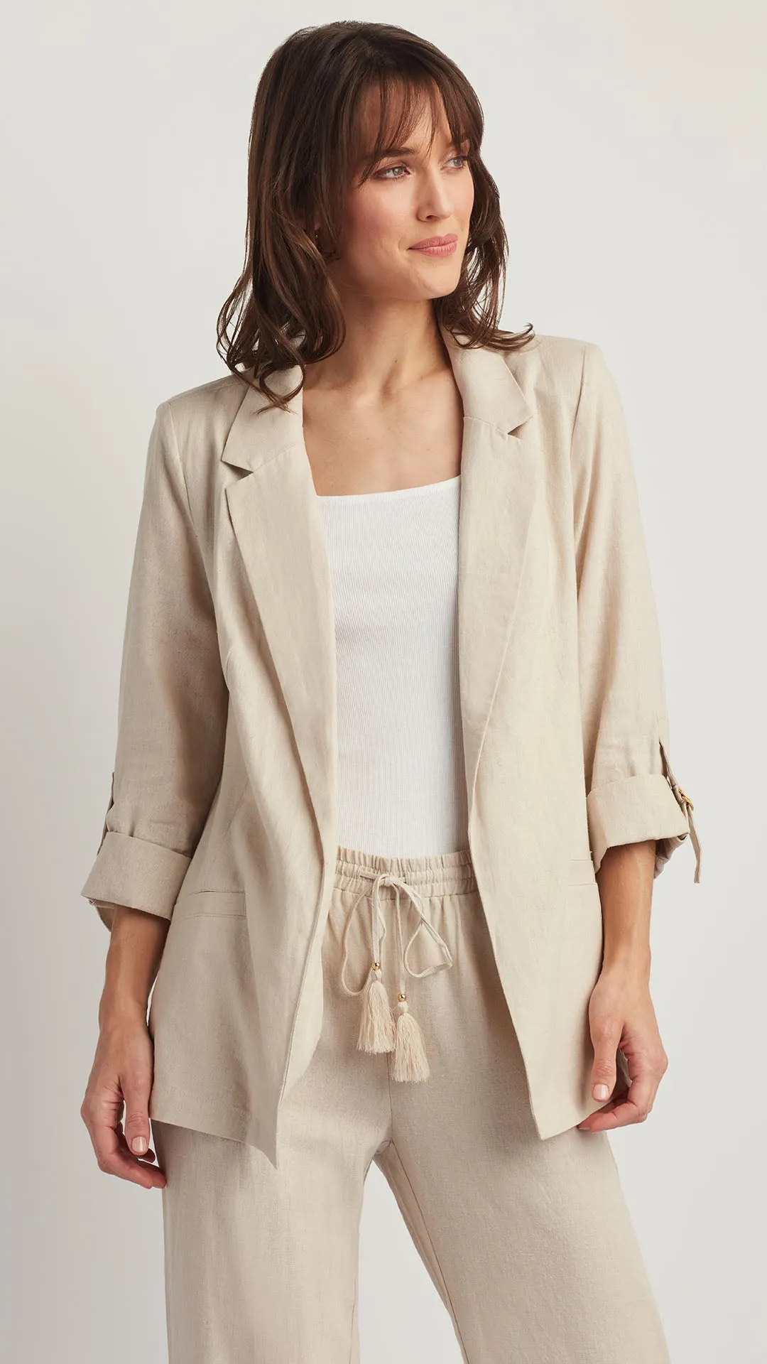 OPEN FRONT LINEN BLEND BLAZER