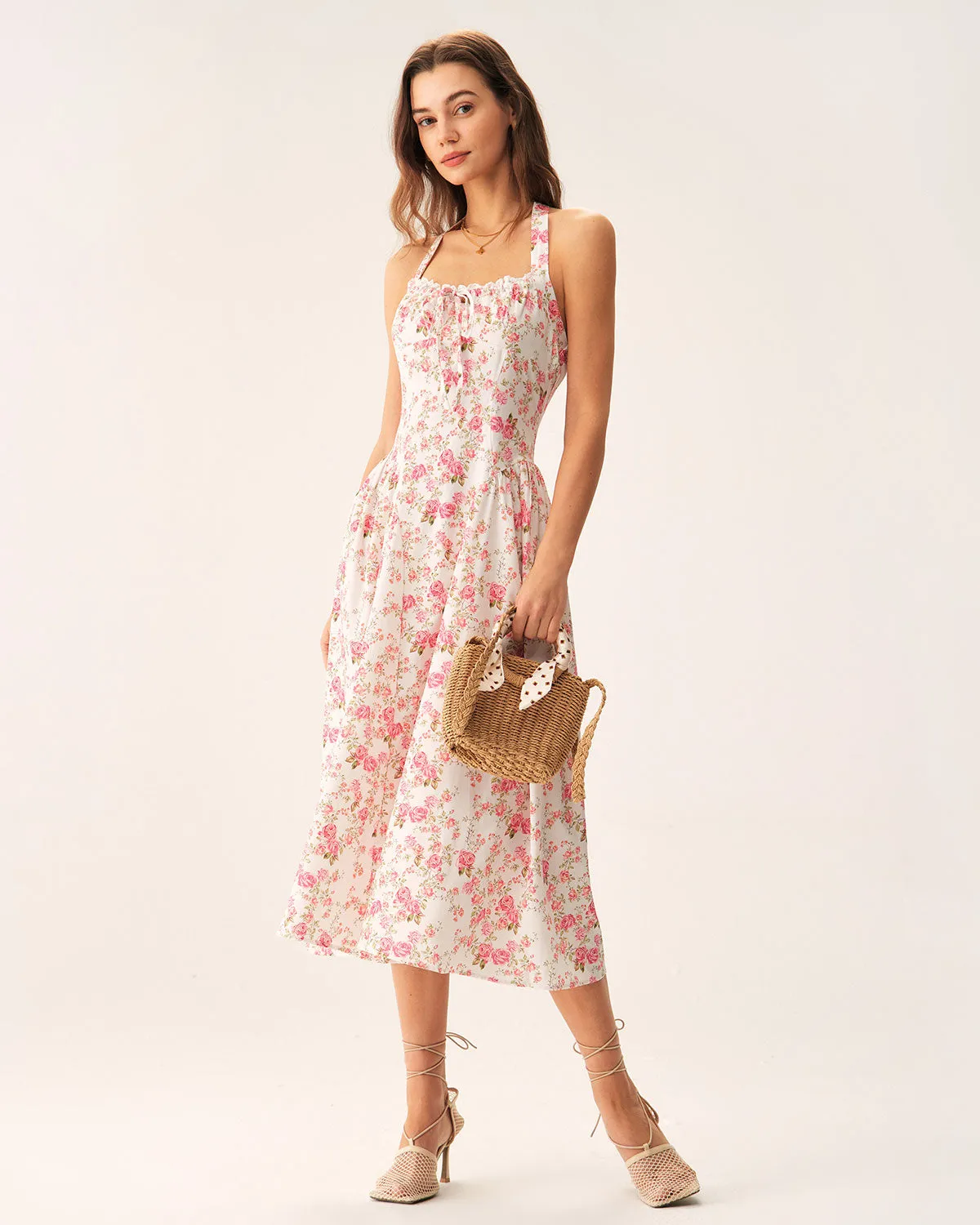 Pink Floral Halter Midi Dress