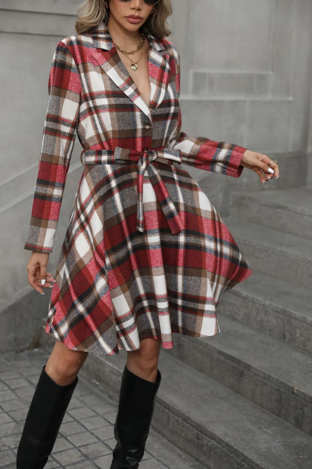 Plaid Tie Waist Long Sleeve Outerwear